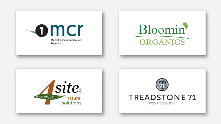 Logos for MCR, Bloomin Organics, 4Site natural solutions and Treadstone 71